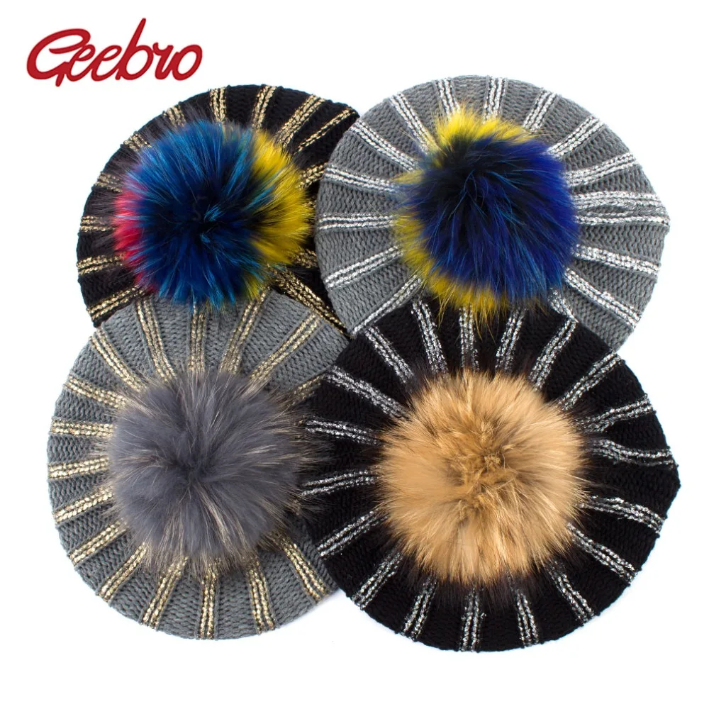 

Geebro Women's Bronzing Black Berets Hat Ladies Spring Casual Knitted Acrylic French Beret Cap With Real Raccoon Fur Pompon