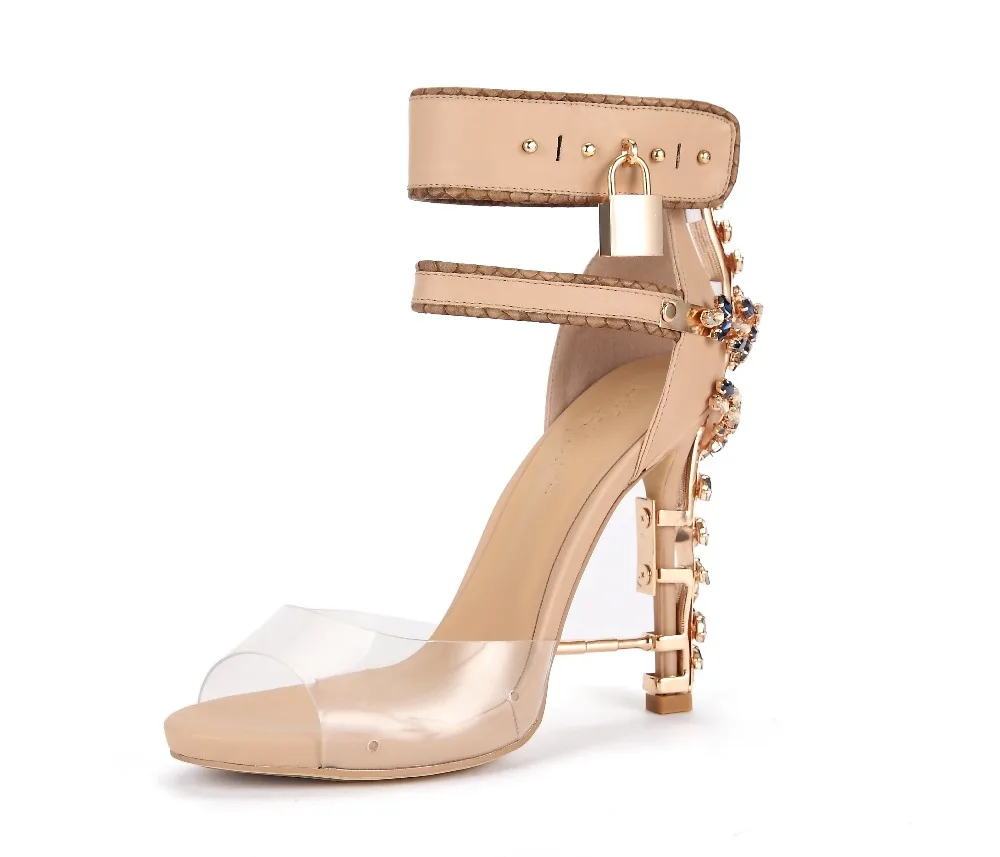 Luxury Shoes Women Designers Gemstone Jeweled Gladiator Sandals Transparent PVC Patchwork Padlock Ankle Strap High Heels Shoes