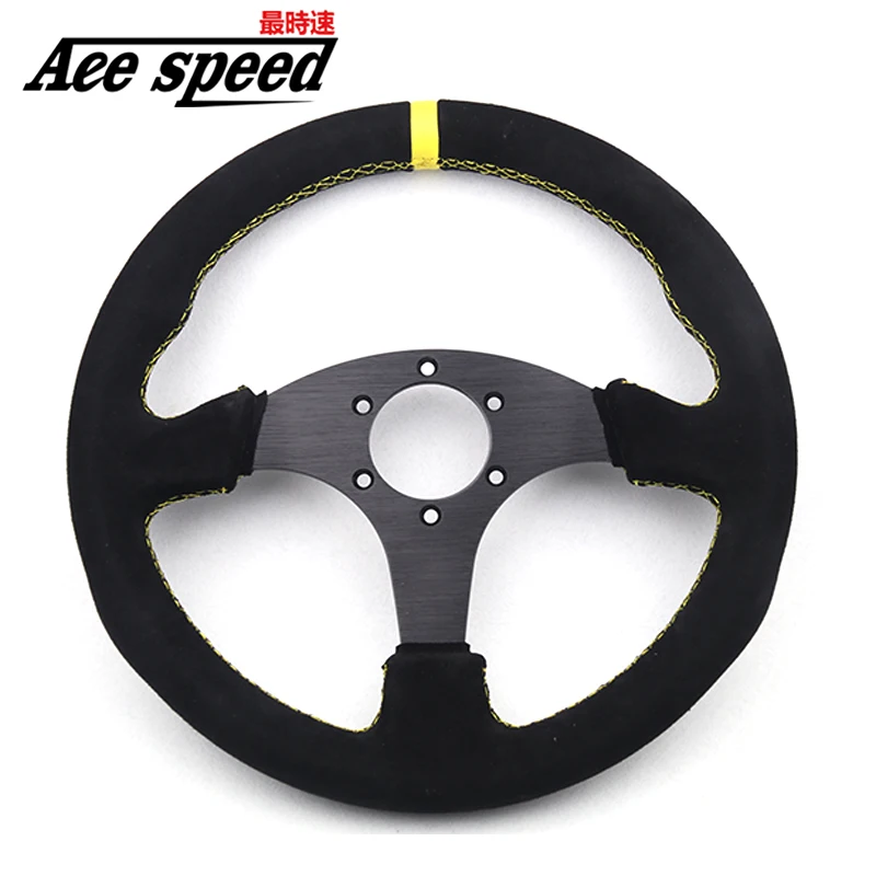 

13" (330mm) For OMP Racing Steering Wheel suede leather Suture yellow line game flat Steering Wheel Come with horn button