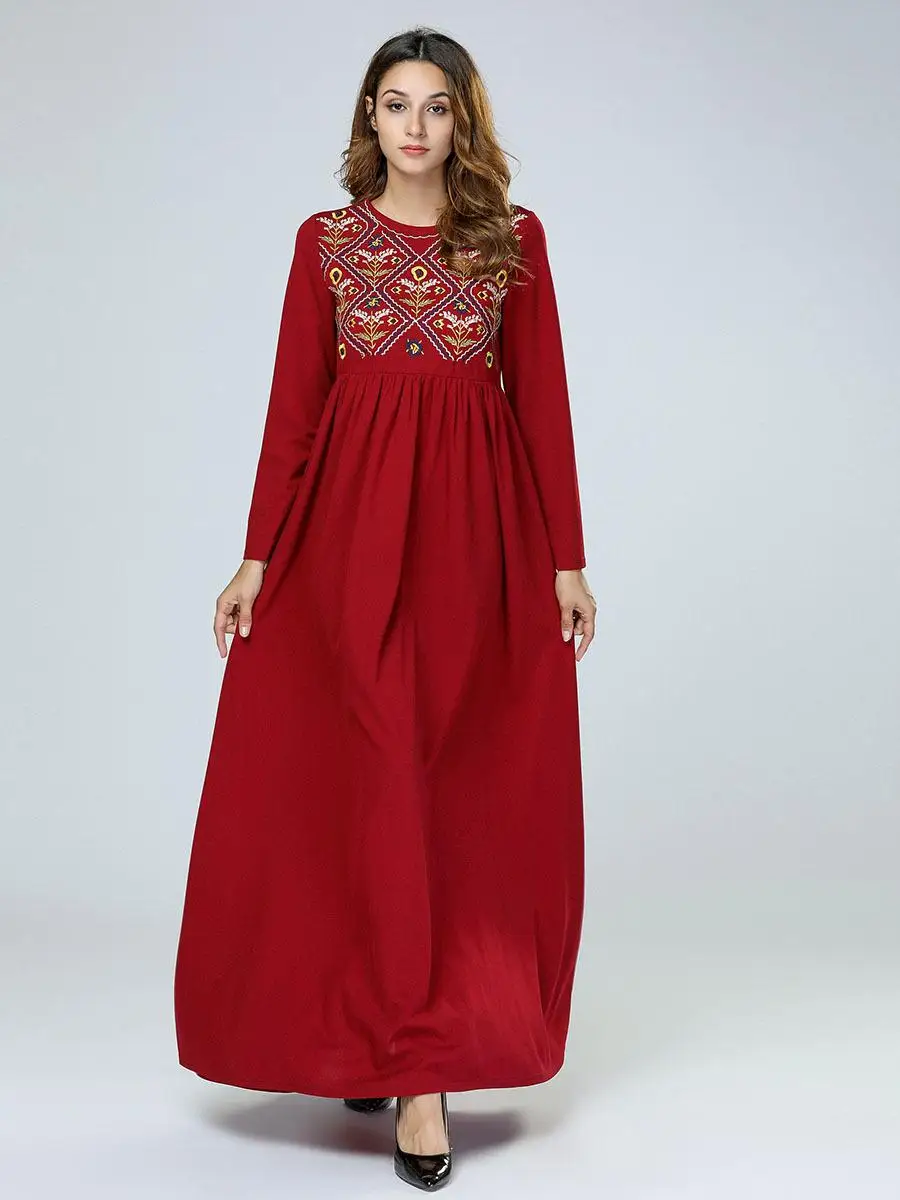 Женское длинное платье, мусульманское, с вышивкой, этнический стиль, макси халат, арабский джилбаб, исламское платье, Турция, джилбаб, одежда, Драпированное, повседневное кимоно - Цвет: Красный