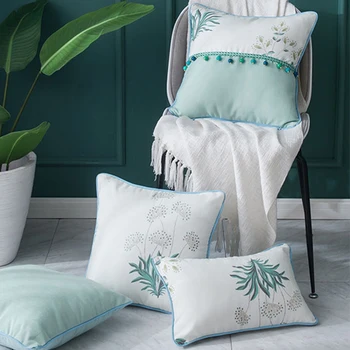 

45/60/70cm light green cotton linen cushion cover pillowcase with beads fringe sofa flower plant waist pillow cover