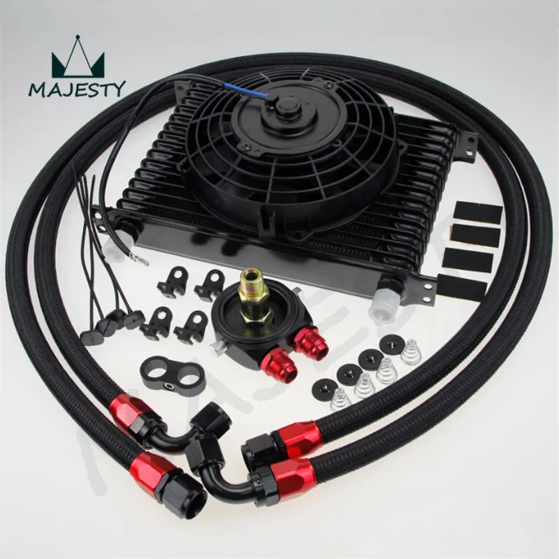 Universal 15 Row 10AN Engine Transmission Oil Cooler 7/" Cooling Fan Kit