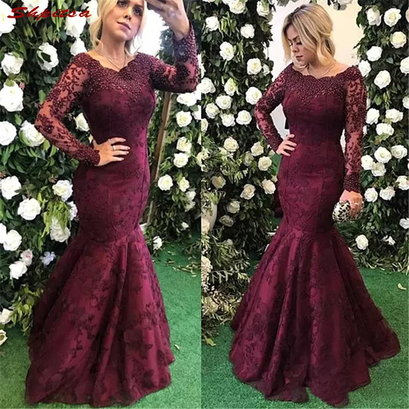 

Burgundy Mother of the Bride Dresses for Weddings Prom Evening Groom Long Sleeve Godmother Dinner Dresses 2018
