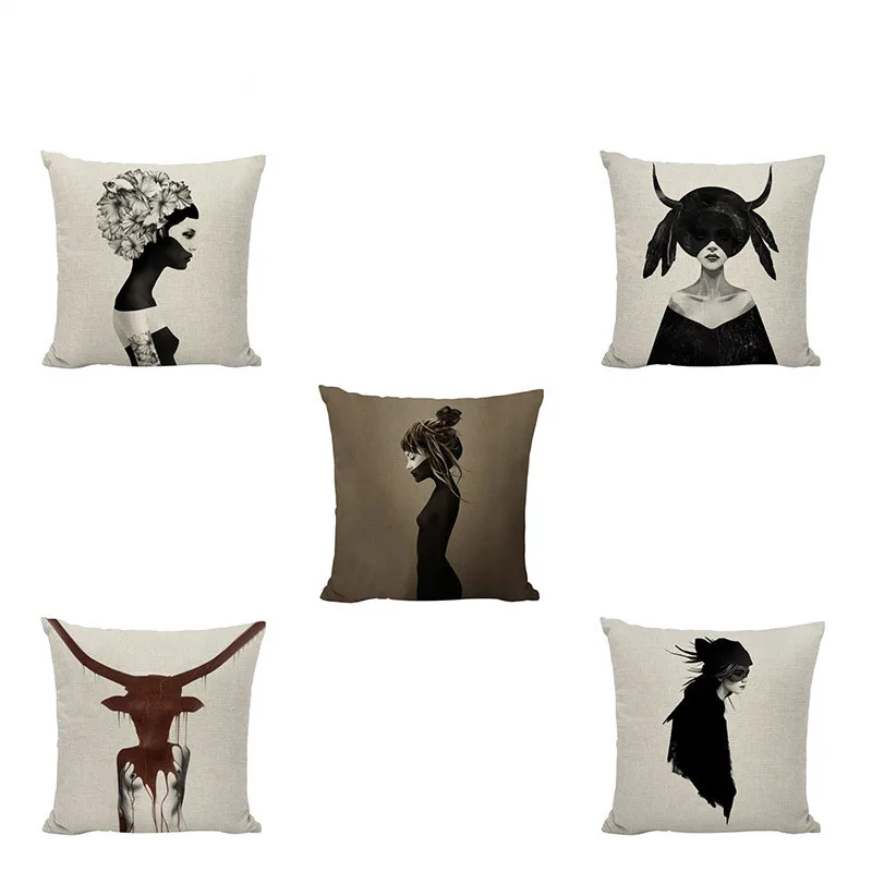 Personality Character Pattern Cushion Set 45 * 45CM Black Flowers Hummingbird Long Hair Short Pillowcase Home Decoration | Дом и сад