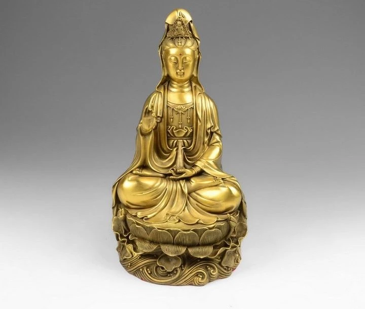 

Tibet Buddhism Brass Copper Lotus Kwan-yin Guanyin Bodhisattva Hold Vase Statue