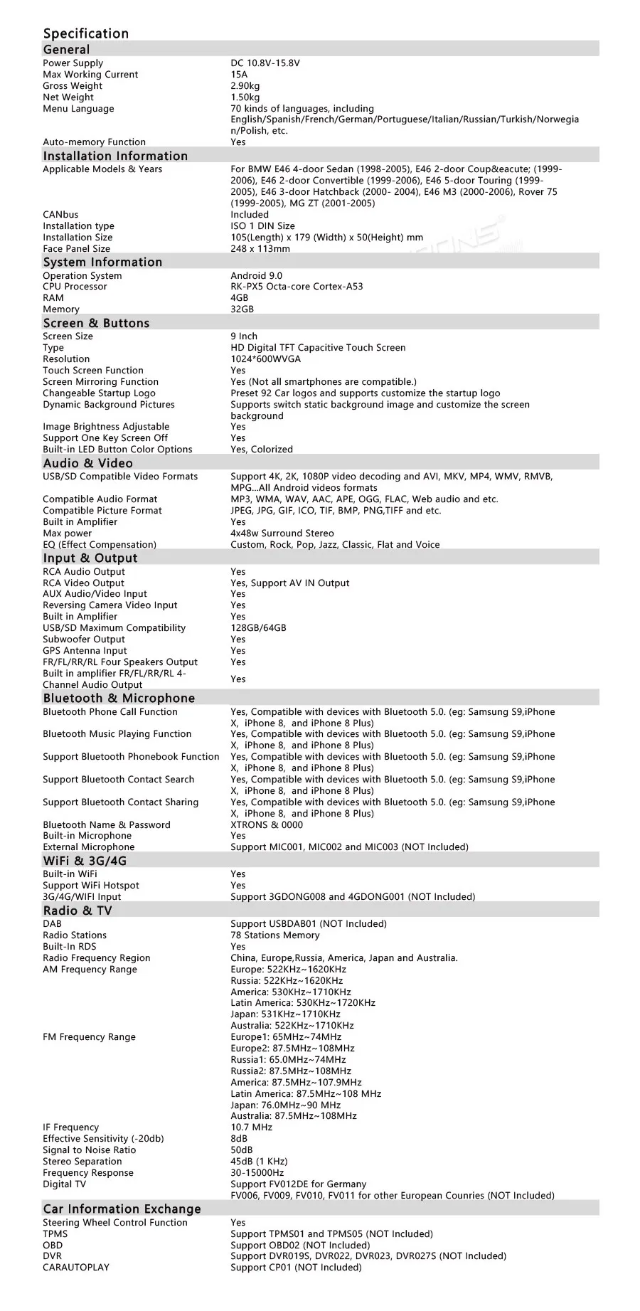 Discount Android 9.0 Octa Cor 9" Car Multimedia Navigation GPS Radio for BMW E46 1998-2006 & BMW E46 M3 2000-2006 with 4GB RAM 32GB ROM 34