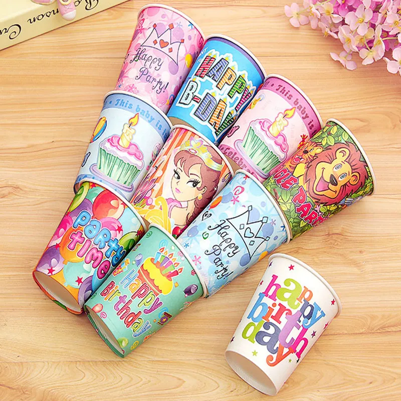 

Birthday party disposable paper cups Various styles Boys and girls Baby birthday Happy decorations Box Paper cups drinks 12 sets