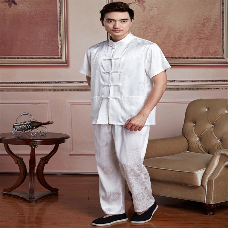 Белый китайский мужской костюм Тай Чи традиционная шелковая атласная кунг-фу с коротким рукавом Wu Shu одежда размер L XL XXL XXXL
