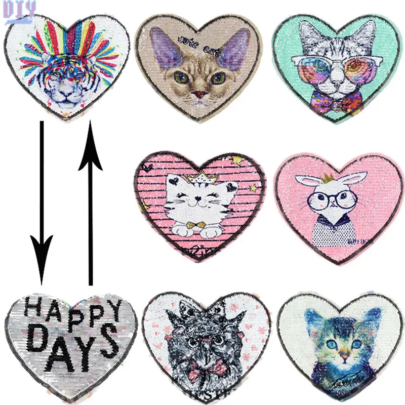 

10pcs Heart cat tiger Rabbit Reverse Sequins Sew On Patches for clothes kids Clothing Reversible Change Color Patch Applique