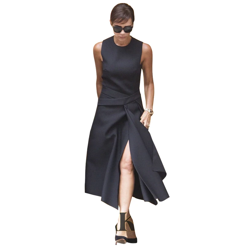 

Victoria Beckham Dress Summer Women Office Dress Solid Color Black / Red Sleeveless Asymmetrical Mid Calf Dresses OL Work Dress