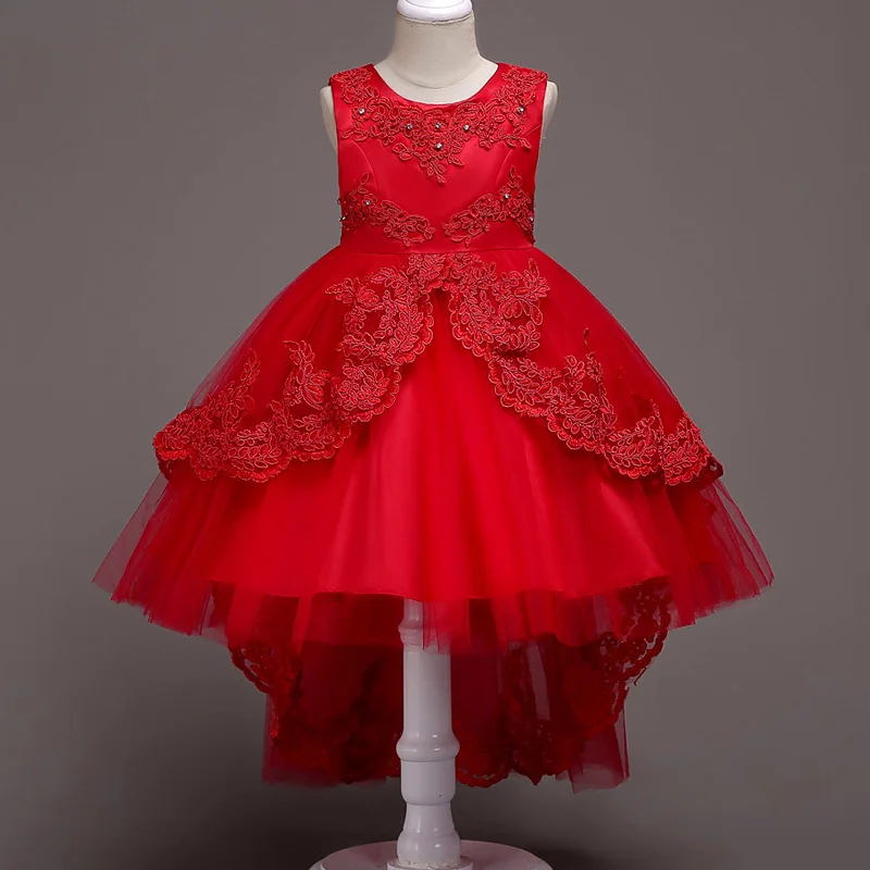 Платье с цветочным узором для девочек; Пышные свадебные вечерние платья с красным прицепом для девочек; кружевное вечернее платье принцессы для первого причастия - Цвет: red