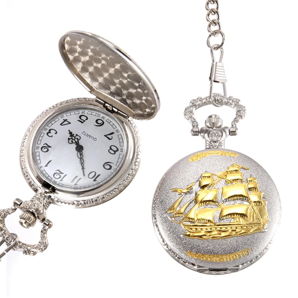 Vintage Pocket Watch Quartz Watch Cool Chain Golden Sailboat Cover