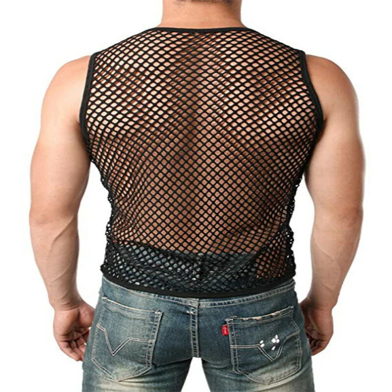 Новые повседневные мужские сетчатые Прозрачные топы для спортзала безрукавка для тренировки Топ эротичные сетчатые футболки жилет