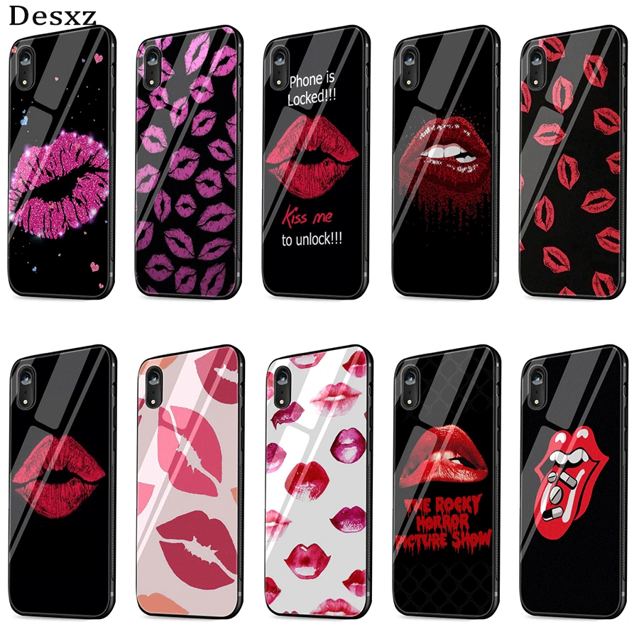 

Cell Phone Case Glass Kiss Me Lips Lipstick Rouge For iPhone X XR XS Max 6 6s 7 8 Plus 5 5S SE Cover