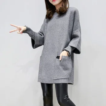 

Women Pocket Loose Solid Sweatshirt O Neck Long Sleeves Autumn Winter Tops Plus Size TY66