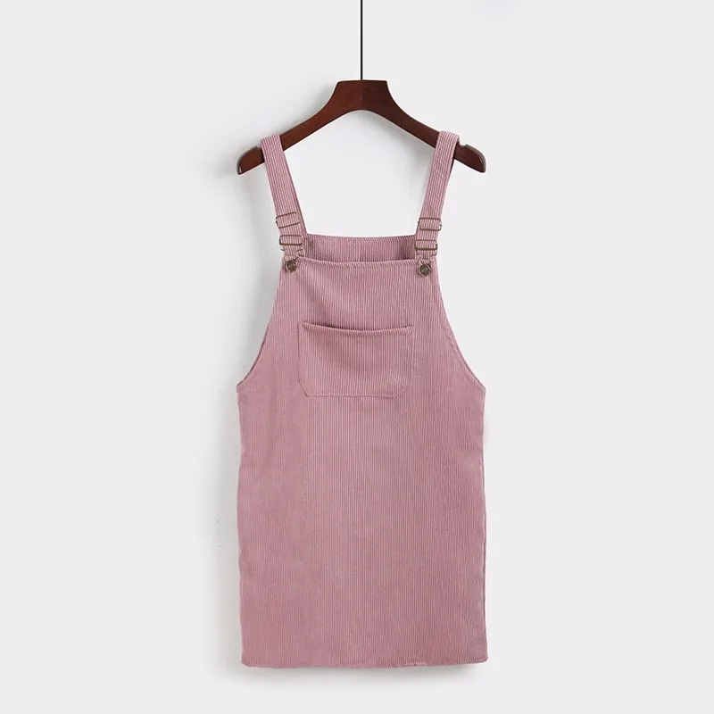 春の秋のドレス女性韓国のファッションヴィンテージサンデーズカレッジ風コーデュロイルーズストラップVestidos女性のミディドレス7色