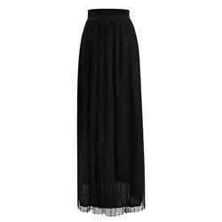 Европейский стиль, женские летние длинные юбки, однотонные, высокая талия, плиссированные трапециевидные кружевные лоскутные трусы, юбка