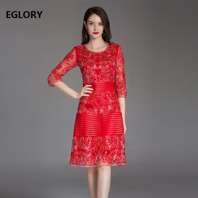 

Slim Fit & Flare Dress New Style 2018 Autumn Fashion Party Event Women Lurex Embroidery 3/4 Sleeve Knee-Length Red Yellow Dress
