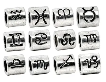 

8Seasons Zinc Alloy European Style Large Hole Charm Beads Cylinder Antique Silver Color Constellations Symbol Mixed Carved,36PCs