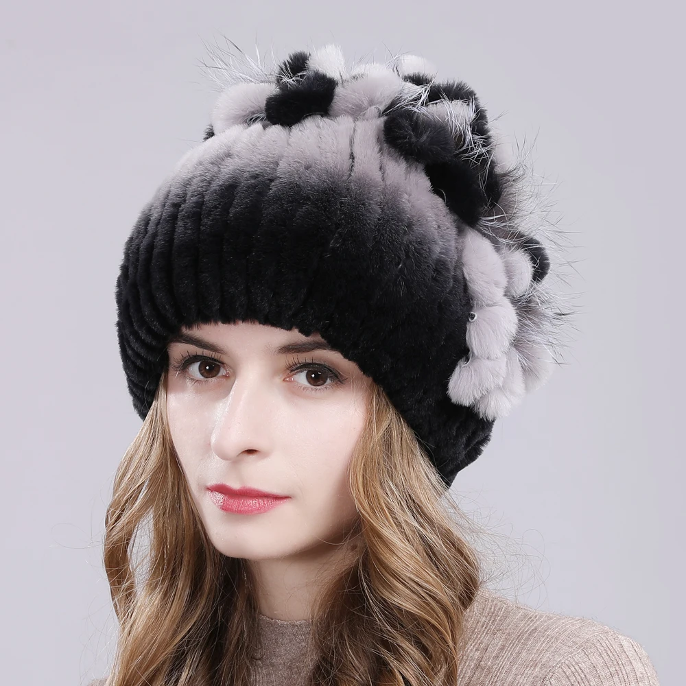 Online Rusia mujer piel de conejo Rex auténtica sombreros al aire libre elástico tejido 100% piel auténtica de conejo Rex gorra invierno cálido piel Real gorros
