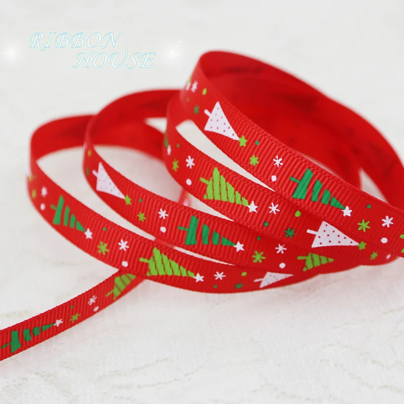 2-colors-mix-3-8-10mm-white-and-red-printed-christmas-trees-Grosgrain-Ribbon-gift