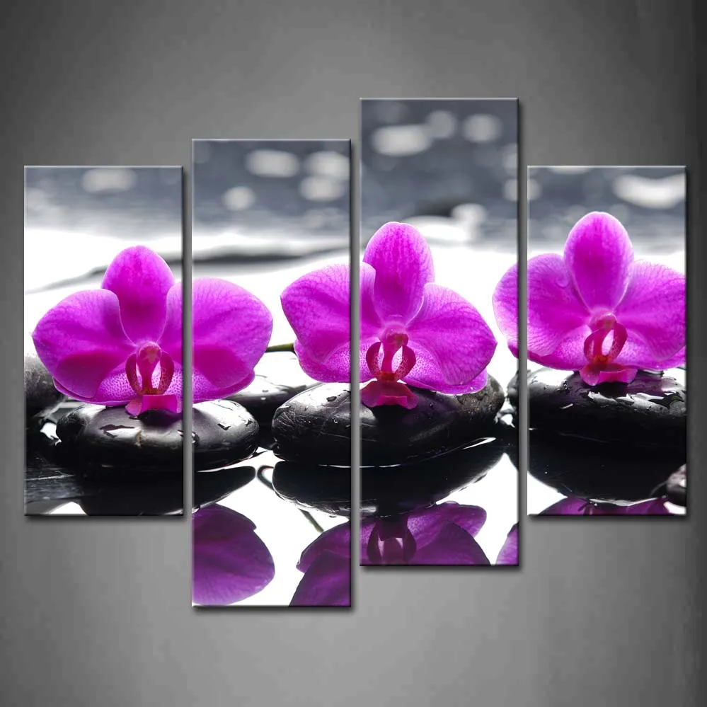 

4 Panels Unframed Wall Art Picture Orchid Flower Stones Water Canvas Print Modern Flower Poster No Frame For Living Room
