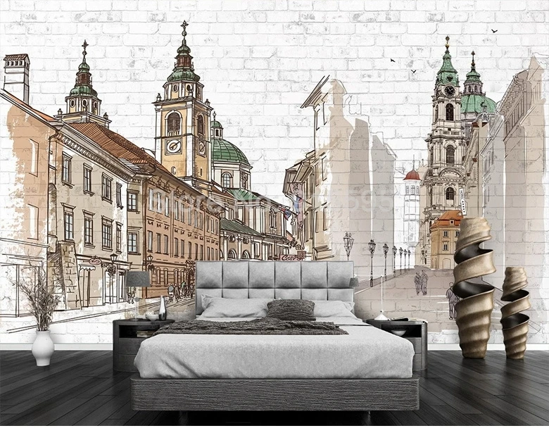 Ручная роспись европейский город большие фрески Кофейня ресторан спальня кирпичная стена украшение искусство фреска на заказ фото обои
