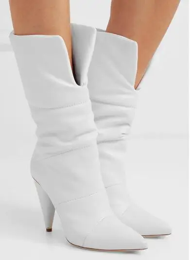 

2018 Spring New White Solid Color Pointed Toe Spike Heels Slip On Mid-calf Short Boots Women's Off-white Leather Boots Lady