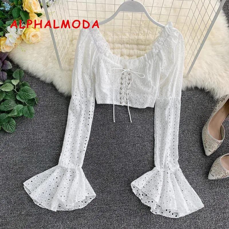 

ALPHALMODA 2019 Holiday Jacket Sexy Hollow Cropped Top Long-sleeved Lacing Up Short Blouse