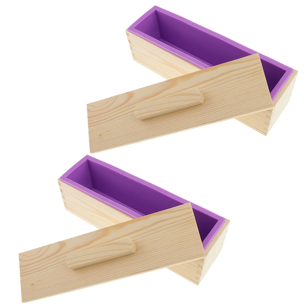 2x 900g Rectangle Silicone Soap Loaf Mold Wooden Box DIY Making Tools Purple