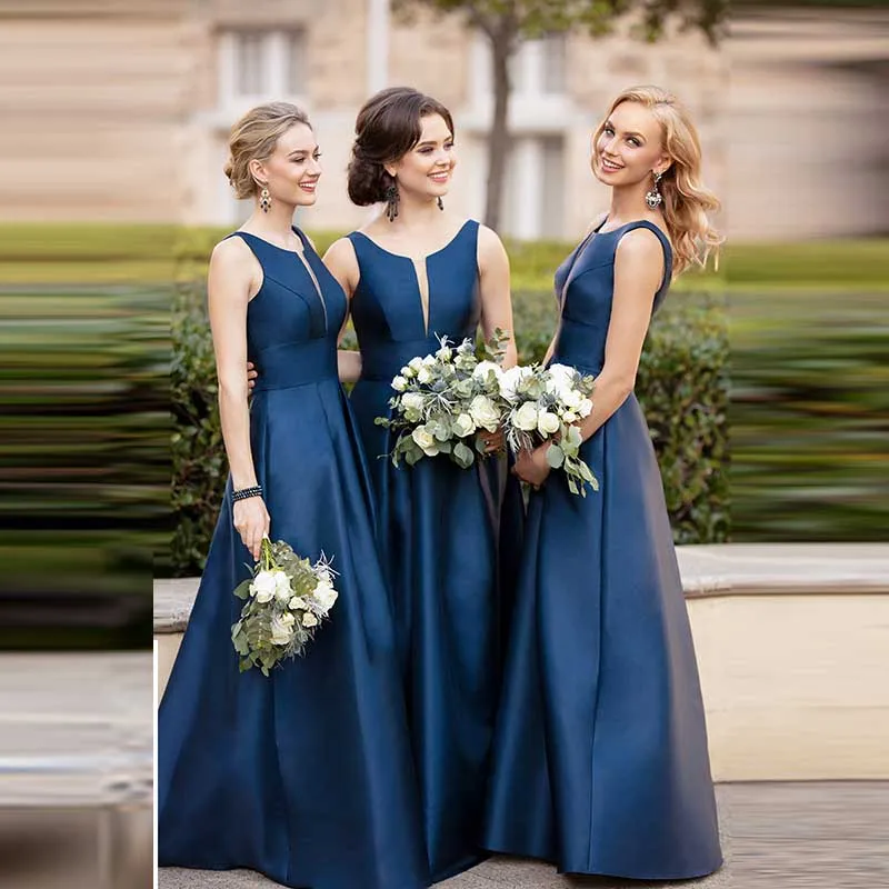 

Elegant Sleeveless Bridesmaid Dresses Long Satin High Quality Party Gowns Wedding Dresses Sexy Vestido Longo
