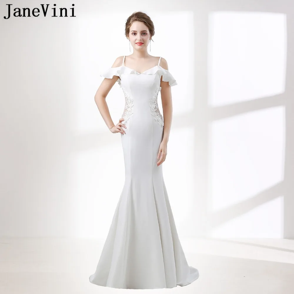JaneVini Modest White Mermaid Prom Dress 2018 Long Bridesmaid Dresses for Women Train Lace Beaded Wedding Guest Gown Party Wear