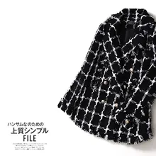 WT0009 осень и зима checker небольшой ароматный ветер с лацканами черный шерстяной темперамент пальто женский тонкий