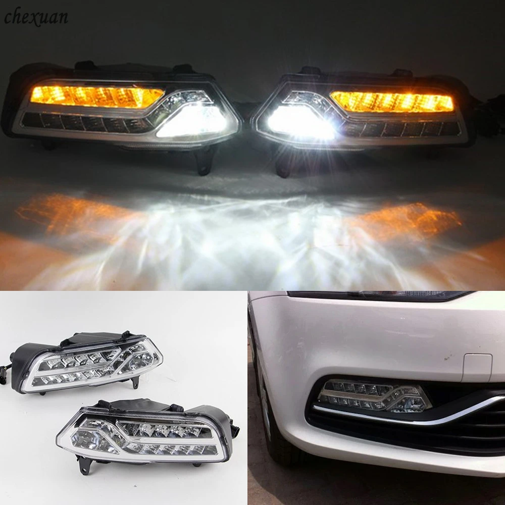 

CSCSNL 1 set 12v LED Daytime Running Light ABS fog lamp cover with Yellow Turn Signal lights For Volkswagen VW Polo 2014 2015