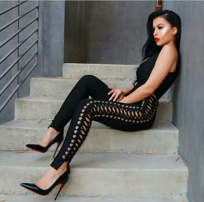 

High Quality Black Khaki Green Sleeveless Weaving Sheath Bandage Jumpsuit Full Length Evening Party Jumpsuit