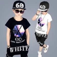 Комплекты летней одежды для мальчиков детская хлопковая футболка+ штаны-шаровары детская одежда повседневные спортивные костюмы для 4, 6, 8, 10, 12, 14 лет