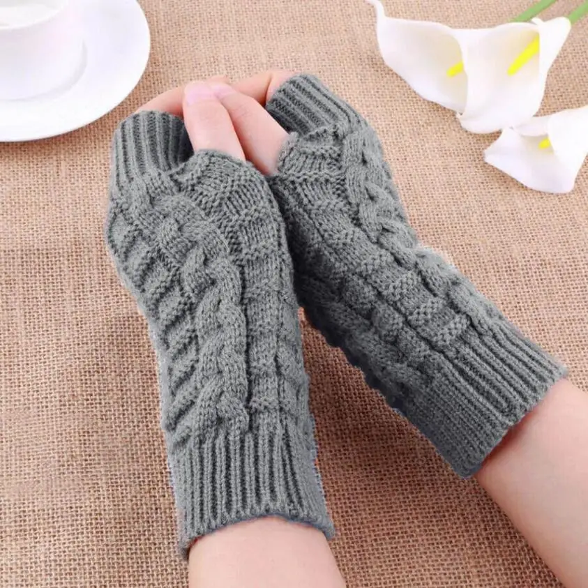 Женские зимние вязаные перчатки женские мягкие теплые митенки без пальцев однотонные вязаные варежки Guantes Mujer# VE - Цвет: Gray
