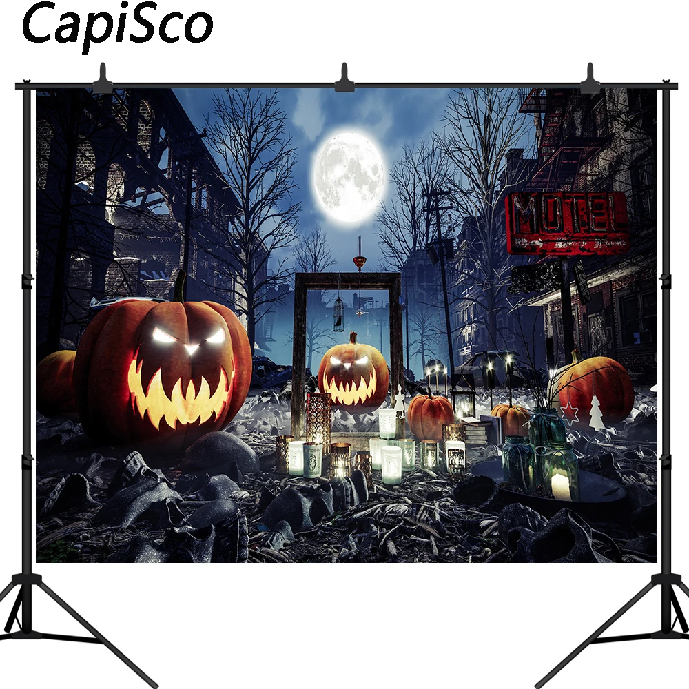 

Capisco Halloween Photography Backdrops Horrible Pumpkin Dark Night Destroyed city streets Photo Background Studio Props