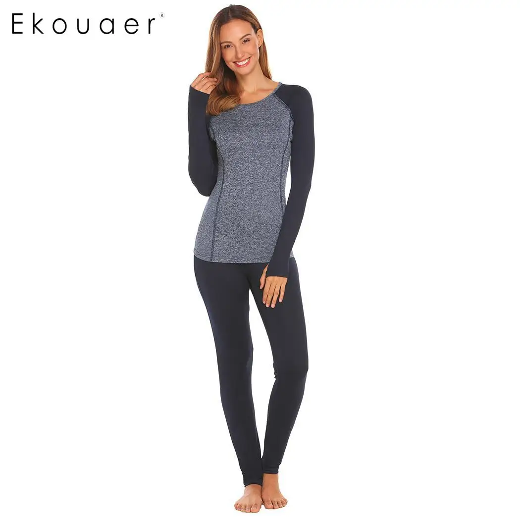 

Ekouaer Women Underwear Set Breathable Warm Long Sleeve Johns Casual O-Neck Patchwork Blouse Elastic Waist Pants Sleepwear Sets