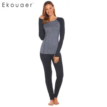 

Ekouaer Women Underwear Set Breathable Warm Long Sleeve Johns Casual O-Neck Patchwork Blouse Elastic Waist Pants Sleepwear Sets