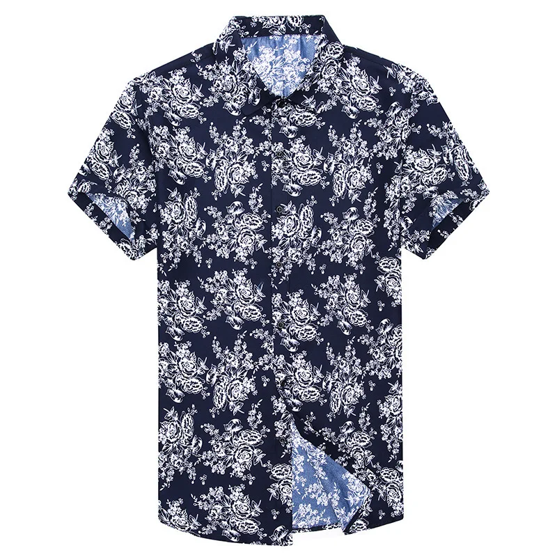 

Fashion Men Hawaiian Shirt Clothes Summer Short Sleeve Blue White Floral Shirt Turn-down Collar Casual Silm Fit Camisa Masculina