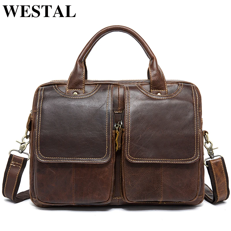 WESTAL men's briefcase leather laptop bag men's genuine leather bag for men bussiness messenger bag men's office briefcase 8002