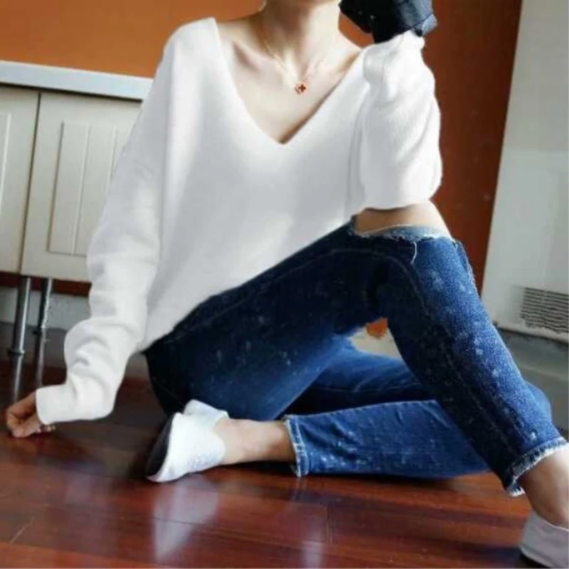 JECH Autumn winter New loose large size V-collar pure Cashmere Sweater fashion soft high-quality women's Sweaters knitting Sweaters