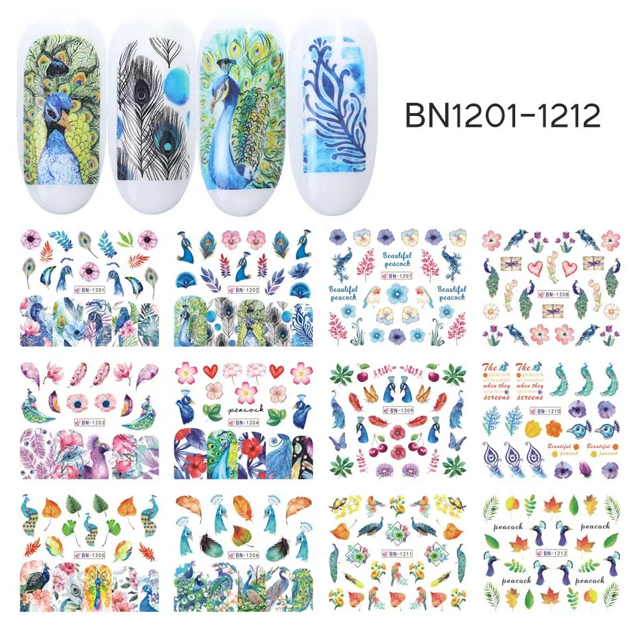 12 шт переводные наклейки для ногтей, водные наклейки, цветные украшения для ногтей, цветок, животные, черные слайдеры, маникюрные татуировки, JIBN1129-1212 - Цвет: BN1201-1212
