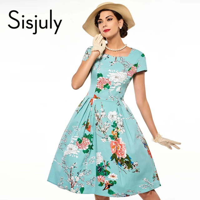 Sisjuly floral print vintage dress blue luxury party dresses style 1950s retro rockabilly dress vestido de festa vintage dresses,in Dresses from