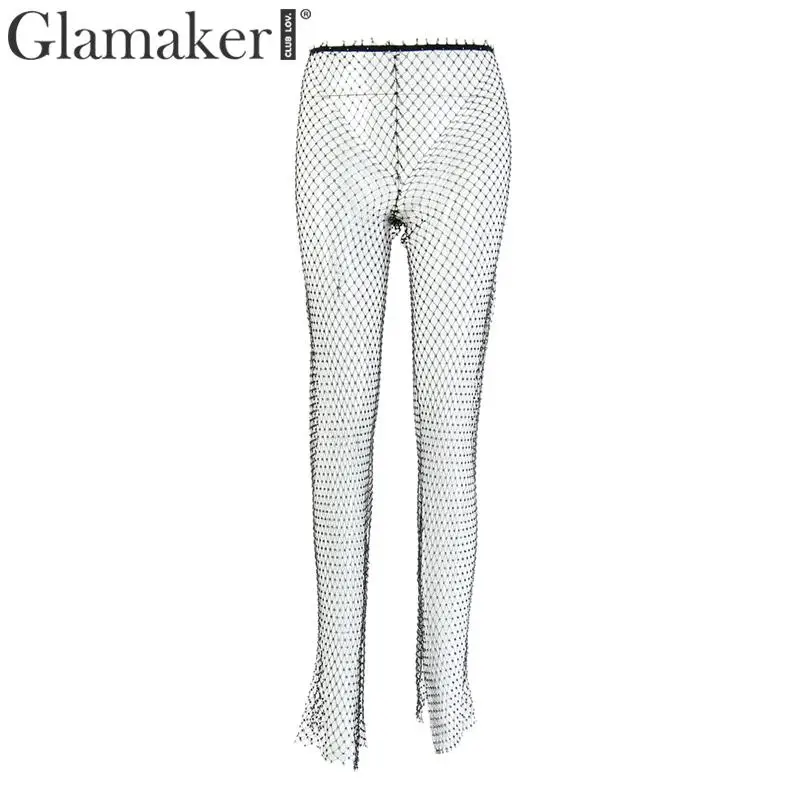 Женские облегающие штаны с высокой талией Glamaker черные брюки со стразами Клубная