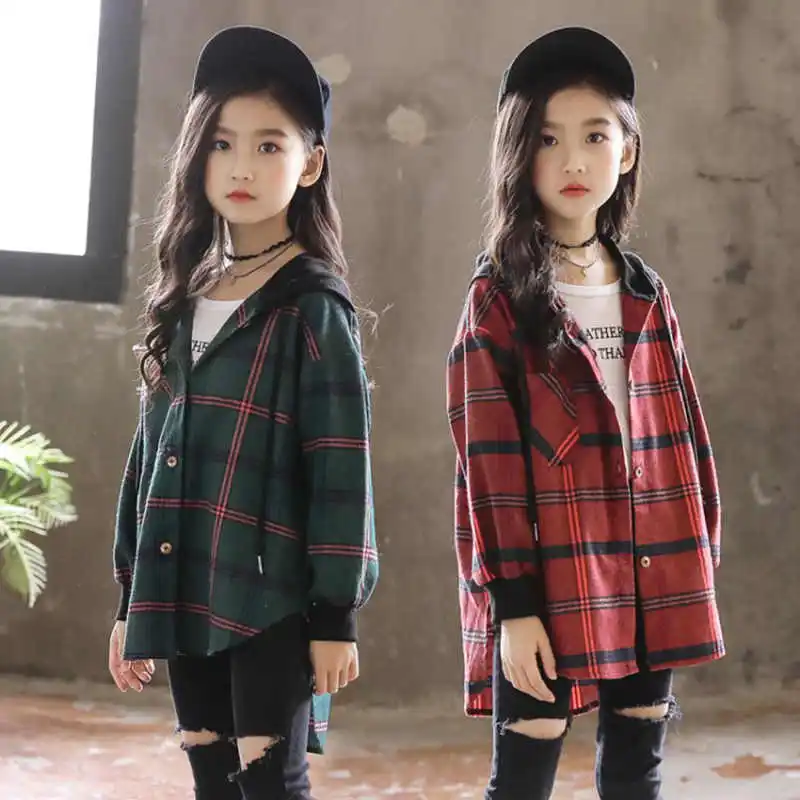 

Hot 2019 Children Blouse Girl Cotton Green/Red Plaid Shirts for Teenagers Spring Autumn Fashion Hooded Cardigan Jacket 3-14Yrs