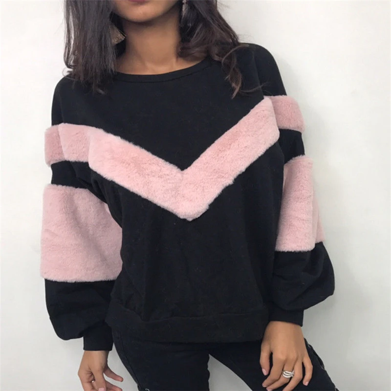 

Round Neck Knitted Sweater Women Autumn Winter Plush Patchwork Sweater Tops Pullover Basic Long Sleeve Top