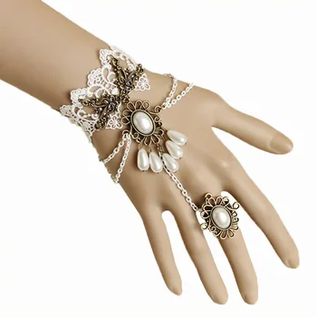 

Handmade Womens Beads Drop Layered Chain Faux Pearl Flower White Lace Adjustable Ring & Bracelet Slave Set Gothic Lolita Bridal