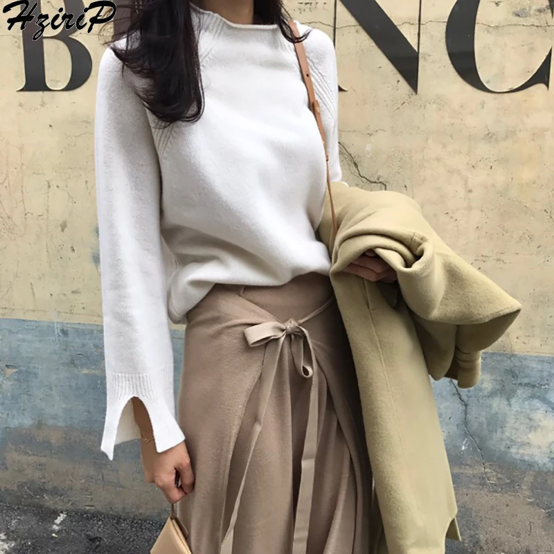 

Hzirip Korean Knitted Sweater 2019 Autumn Winter Wild Pullover Girls Tops Wild Fashion Split Warm Slim Solid Casual Clothing